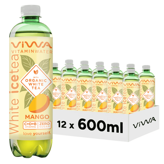 Viwa VitaminTea Té Blanco - Bebida Refrescante Cero Azúcar con Vitaminas C, D y B. Sabor Mango - 600ml, Pack de 12