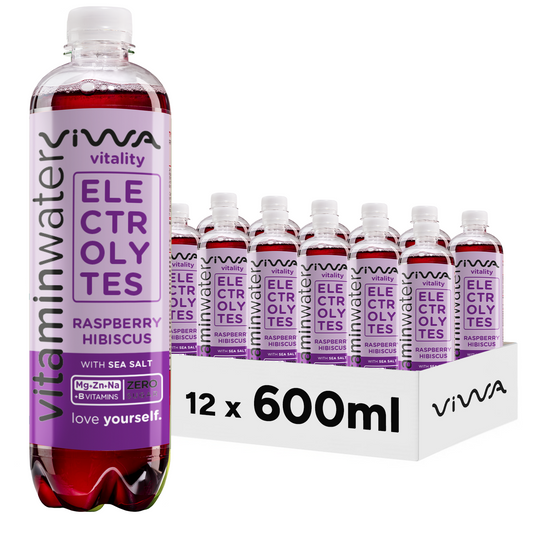Viwa VitaminWater Vitality - Bebida Refrescante con Magnesio, Zinc, Sodio y Vitamina B. Sabor Frambuesa e Hibisco - 600ml, Pack de 12
