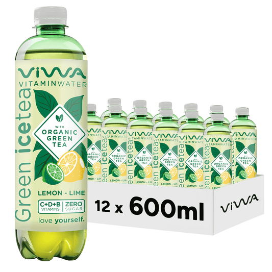 Viwa VitaminTea Té Verde - Bebida Refrescante Cero Azúcar con Vitaminas C, D y B. Sabor Lima y Limón - 600ml, Pack de 12
