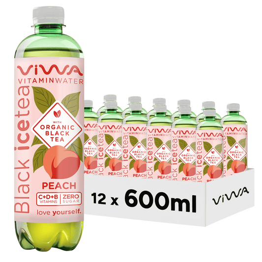 Viwa VitaminTea Té Negro - Bebida Refrescante Cero Azúcar con Vitaminas C, D y B. Sabor Melocotón - 600ml, Pack de 12