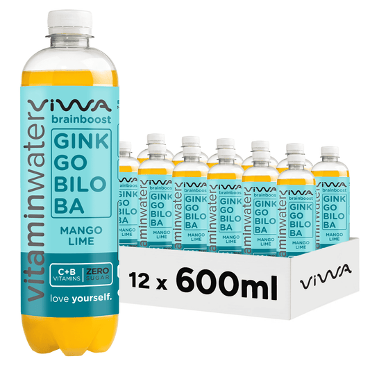 Viwa VitaminWater BrainBoost - Bebida Refrescante Cero Azúcar con Ginkgo Biloba y Vitaminas C y B. Sabor Mango, Lima y Lichi - 600ml, Pack de 12