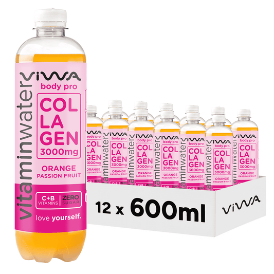 Viwa VitaminWater Body Pro - Bebida Refrescante Cero Azúcar con Colágeno y Vitaminas C y B. Sabor Naranja y Fruta de la Pasión - 600ml, Pack de 12
