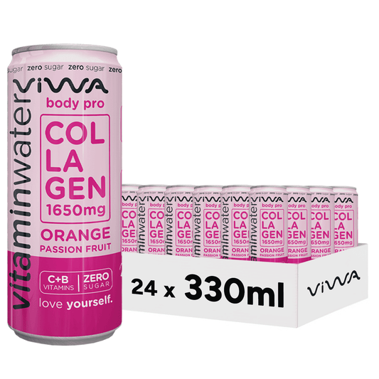 Viwa VitaminWater Body Pro - Bebida Refrescante Cero Azúcar con Colágeno y Vitaminas C y B. Sabor Naranja y Fruta de la Pasión - 330ml, Pack de 24