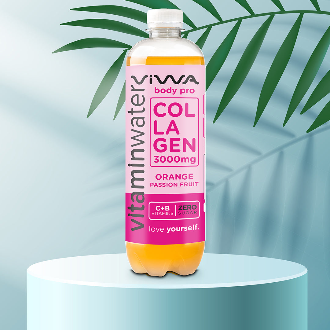 Viwa VitaminWater Body Pro - Bebida Refrescante Cero Azúcar con Colágeno y Vitaminas C y B. Sabor Naranja y Fruta de la Pasión - 600ml, Pack de 12
