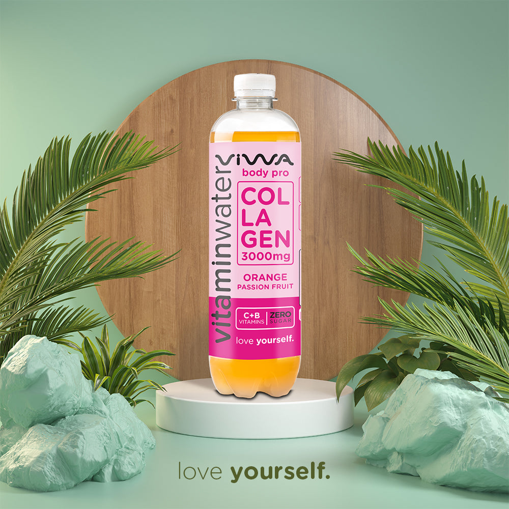 Viwa VitaminWater Body Pro - Bebida Refrescante Cero Azúcar con Colágeno y Vitaminas C y B. Sabor Naranja y Fruta de la Pasión - 600ml, Pack de 12