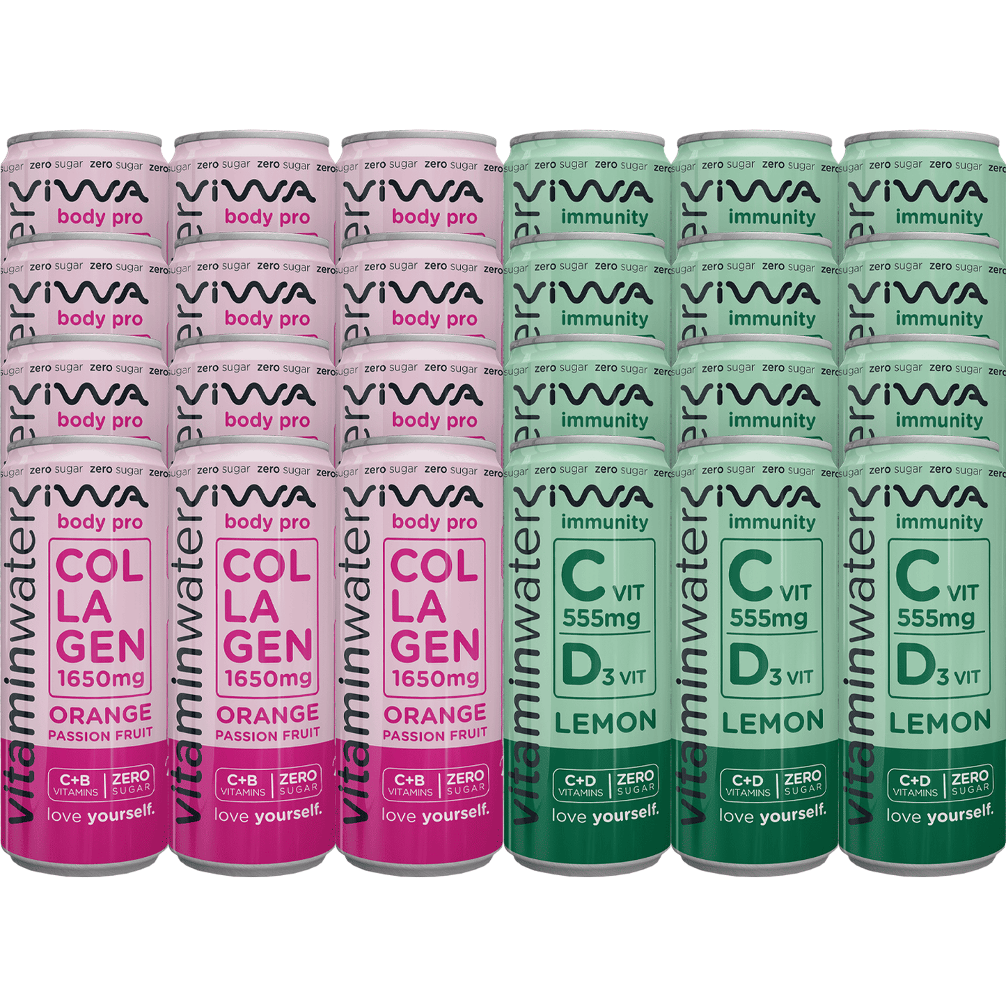 Mix Viwa VitaminWater - Bebidas Refrescantes Cero Azúcar con Vitaminas y Minerales de 2 Sabores, 12 Latas por Sabor - 330ml, Pack de 24