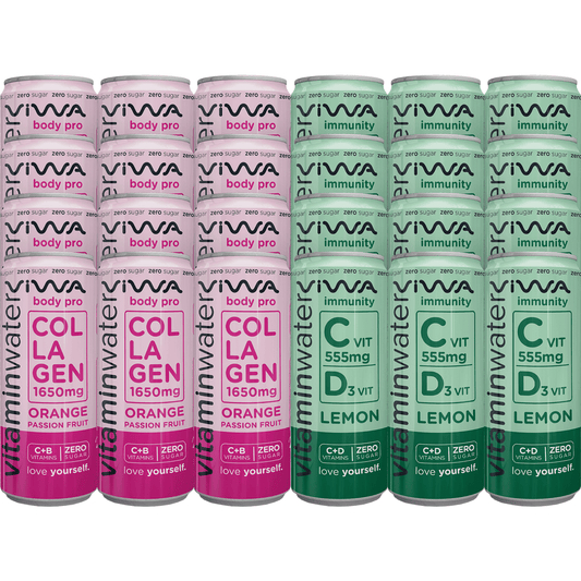 Mix Viwa VitaminWater - Bebidas Refrescantes Cero Azúcar con Vitaminas y Minerales de 2 Sabores, 12 Latas por Sabor - 330ml, Pack de 24