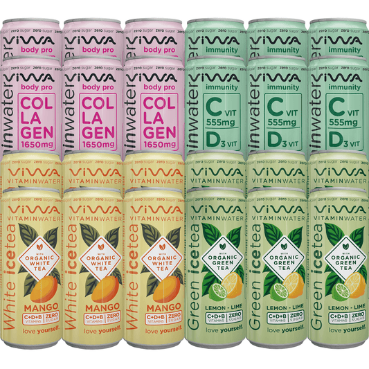 Mix Viwa VitaminWater & Tea - Bebidas Refrescantes Cero Azúcar con Vitaminas y Minerales de 4 Sabores, 6 Latas por Sabor - 330ml, Pack de 24