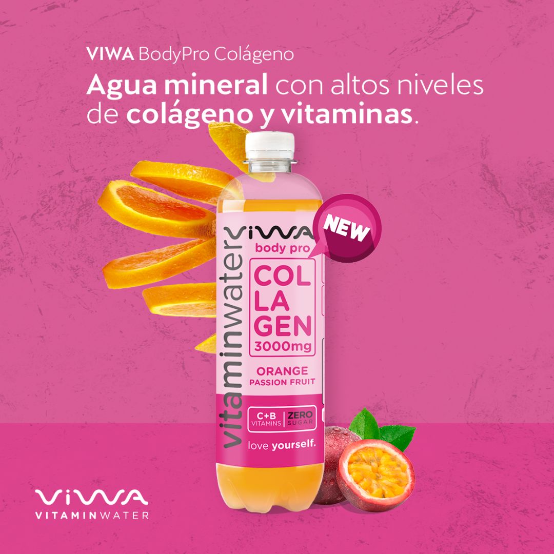 Viwa VitaminWater Body Pro - Bebida Refrescante Cero Azúcar con Colágeno y Vitaminas C y B. Sabor Naranja y Fruta de la Pasión - 600ml, Pack de 12