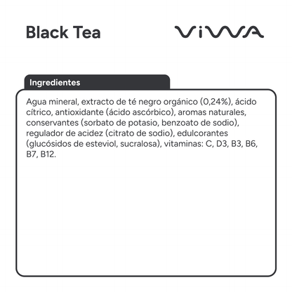 Viwa VitaminTea Té Negro - Bebida Refrescante Cero Azúcar con Vitaminas C, D y B. Sabor Melocotón - 600ml, Pack de 12