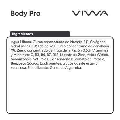 Viwa VitaminWater Body Pro - Bebida Refrescante Cero Azúcar con Colágeno y Vitaminas C y B. Sabor Naranja y Fruta de la Pasión - 600ml, Pack de 12